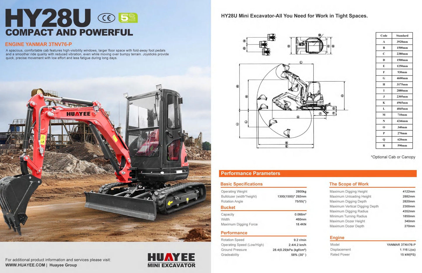 HY28U 2.8 Ton Mini Excavator